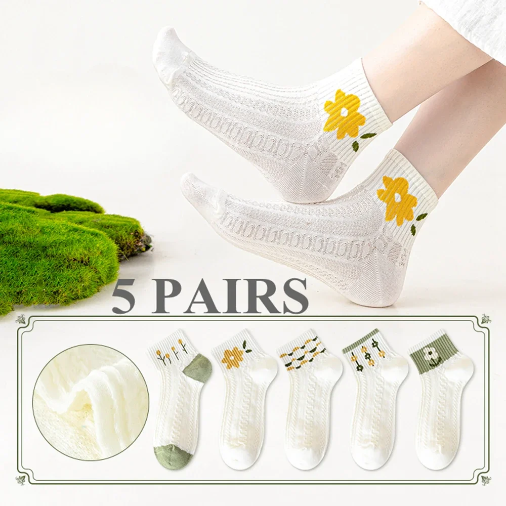 

5 Pairs Floral Summer Ankle Socks Women Cute Low Cut Socks Ladies Kawaii Korean Style Short Socks