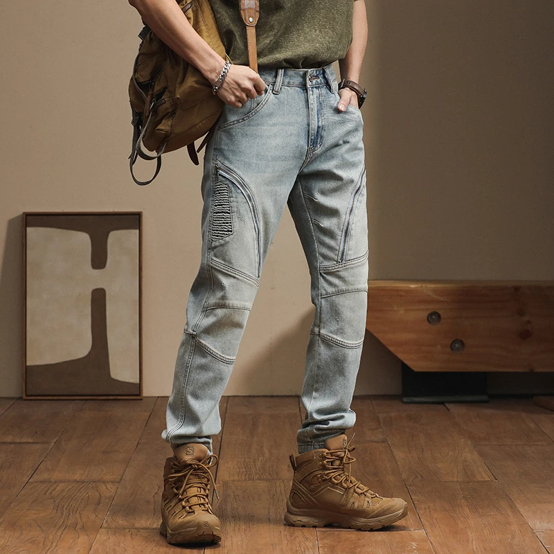 American high-end trend personality zipper splicing biker small leg pants Slim stretch retro men's jeans pants homme