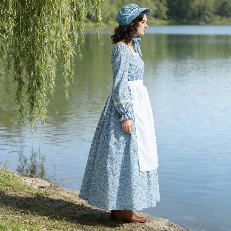 american-prairie-pink-floral-dress-square-neck-retro-pioneer-costume-halloween-outfit