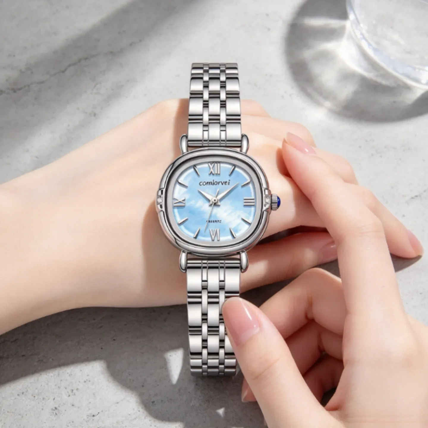 comlorvei Ladies Quartz Watch, Small Oval Square Case Mother-of-pearl Dial Watch, Decorative Rhinestone Crown Slim Metal Band Wo