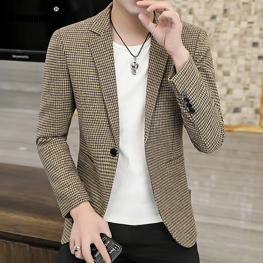 

Ladiguard 2023 Kpop Fashion Houndstooth Blazer Men Casual Slim Blazers Hombre Suit Vintage Pocket Jacket Mens Terno Masculino