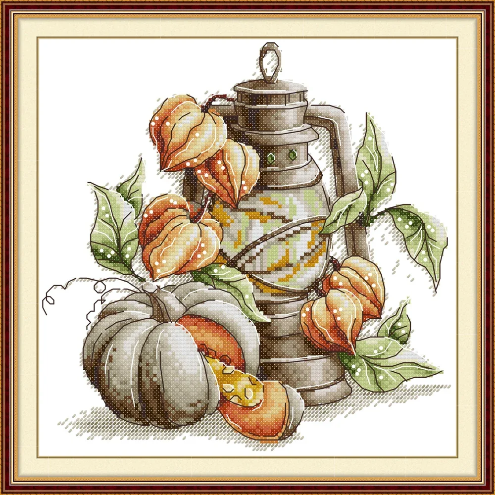 Joy Sunday Pre-printed Cross Stitch Kit Easy Pattern Aida Stamped Fabric Embroidery Set-Pumpkin and Lamp