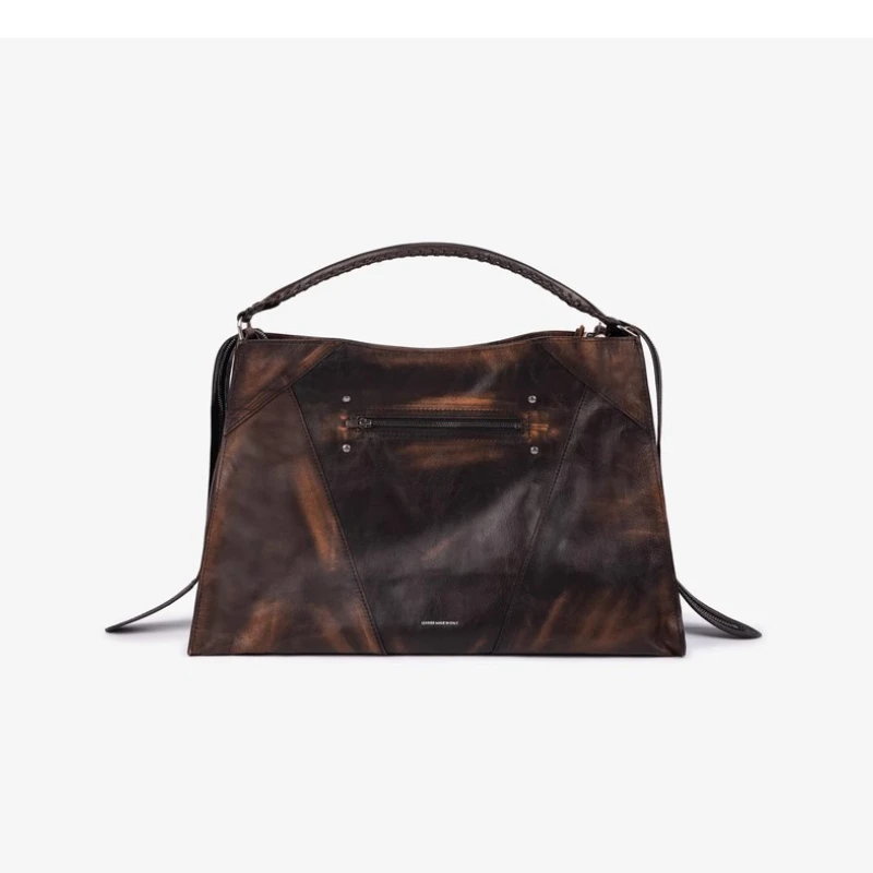 GROTTO Collared Bag Burnt Wood Brown Vintage Genuine Leather Large Capacity Commuter Handbag Shoulder Bag Crossbody Bag