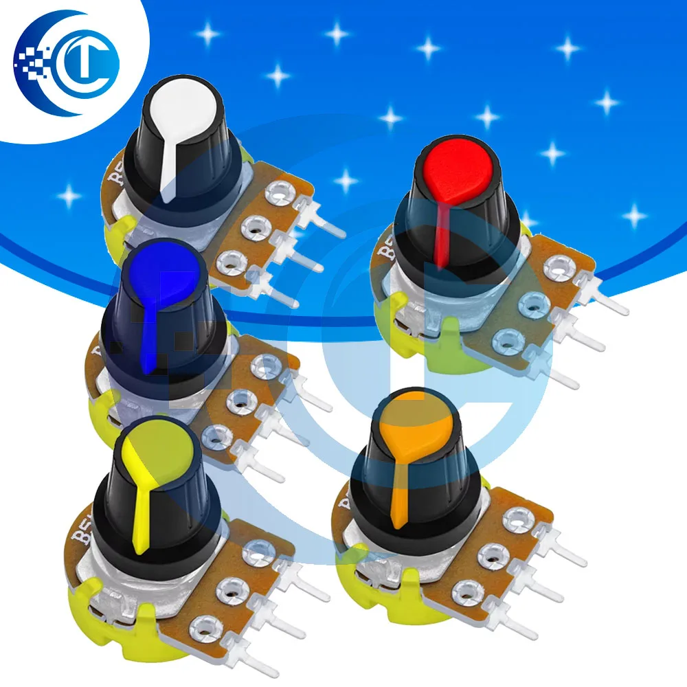 

5 компл. WH148 1K 10K 20K 50K 100K 500K Ом 15 мм 3-контактный линейный конический резистор потенциометра для Arduino с белой крышкой AG2