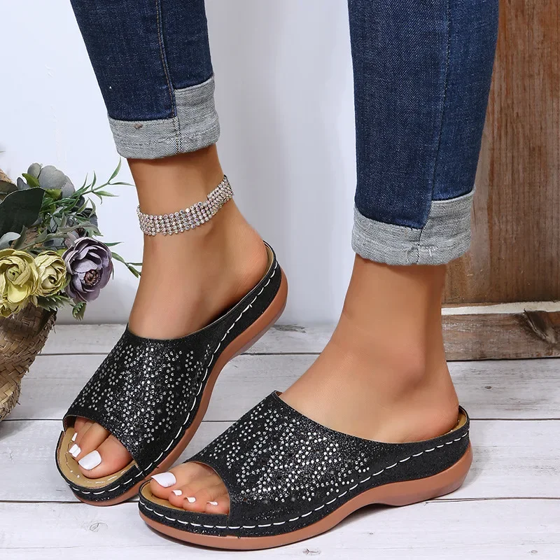 

Ladies Slippers Rhinestone Platform Women Sandals Fashion Hollow Wedge Shoes for Women Summer Open Toe Big Size Beach Footwear