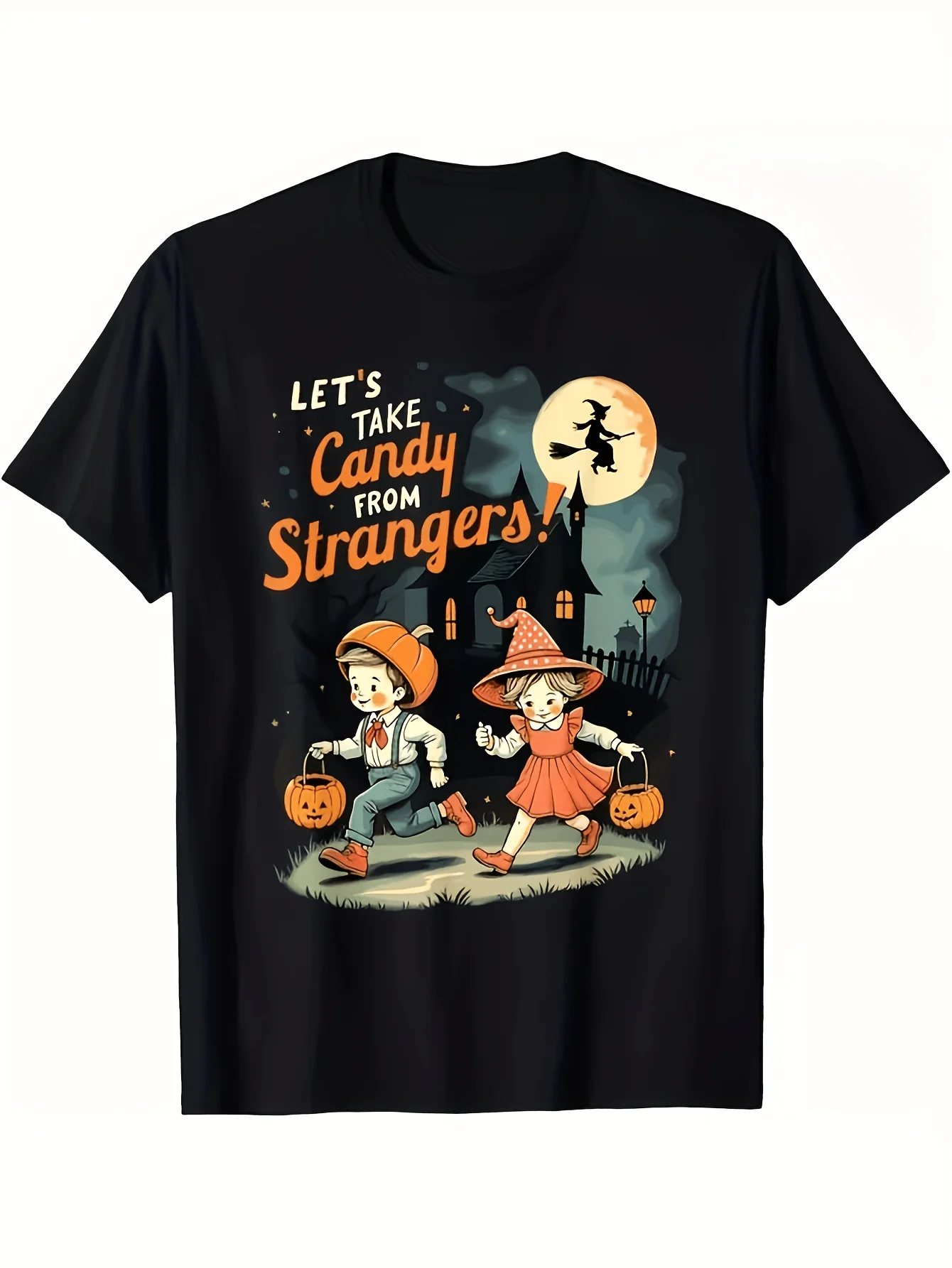 Funny Halloween 'Let'S Take Candy from Strangers' Graphic T Shirt Black Unisex with Spooky Trick Or Treat Design Sizes 1XL 5XL Soft Breathable Crew Neck  Lightweiall Season Casual Wear for Sport FansPlayful Design  Ideal for Gym