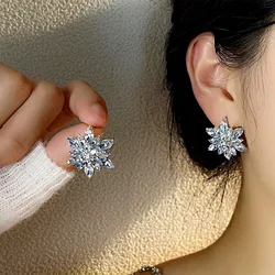 Fashion New Silver Needle Zircon Flower Stud Earrings For Women Sparking Minimalist Snow Flower Earrings Party Jewelry Gifts