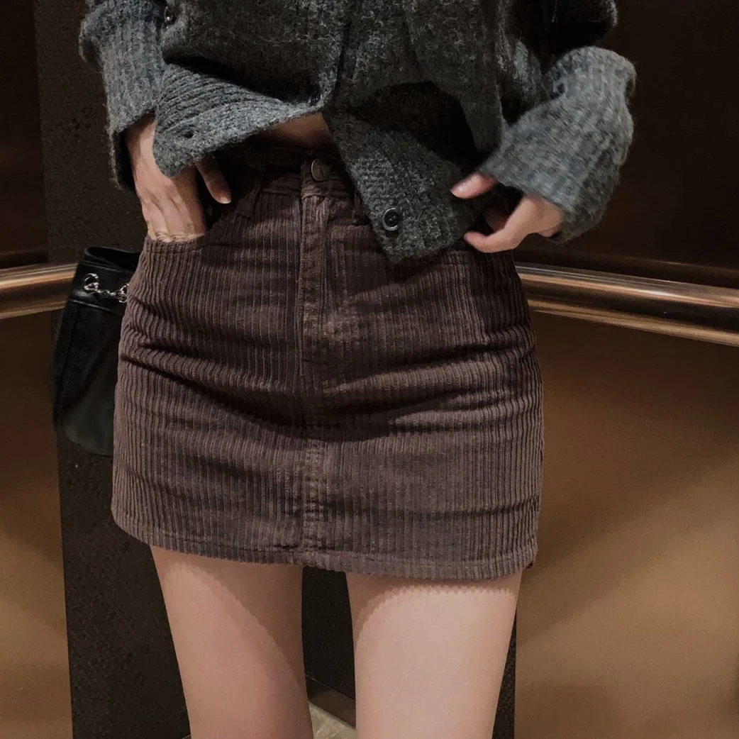 Retro Corduroy A-Line  Skirt High Waist Pants Skirt Commute Style with Pockets Casual Short Skirt for Young Women