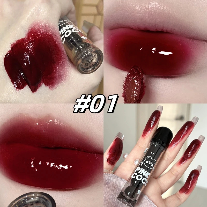 Czarny czerwony szklany błyszczyk do ust Cute Bear Crystal Jelly Mirror Liquid Lipstick Nawilżająca, nie blaknąca, nieprzywierająca pomadka do ust