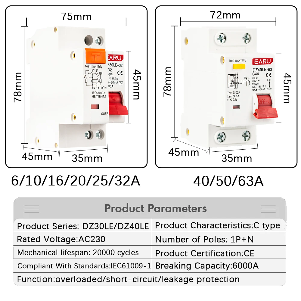 1P+N 230V DZ30L DZ40LE EPNL DPNL 6-63A Residual Current Circuit Breaker With Over And Short Current  Leakage Protection RCBO MCB