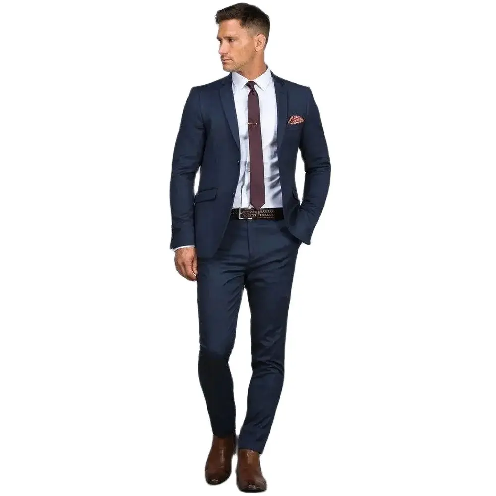 Chic Solid Notch Lapel Men Suits Slim Navy Blue Single Breasted Smart Casual Office 2 Piece (Jacket+Pants) Formal Male Suit