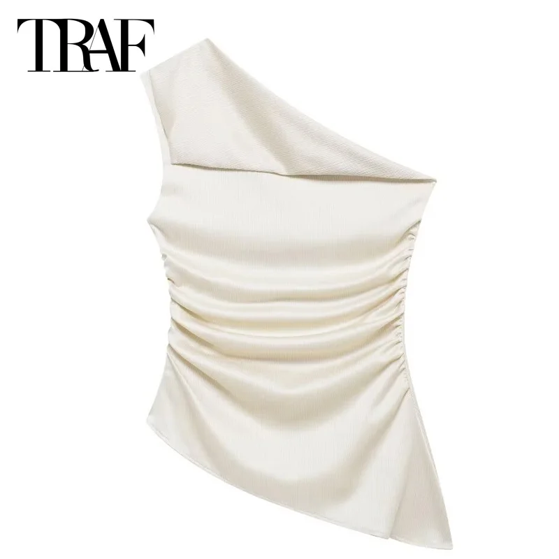 TRAF Top Women Tanks & Camis Off Shoulder Sleeveless Backless Asymmetric Vest Off White Ladies Tank Top Basic Top For Women 2024