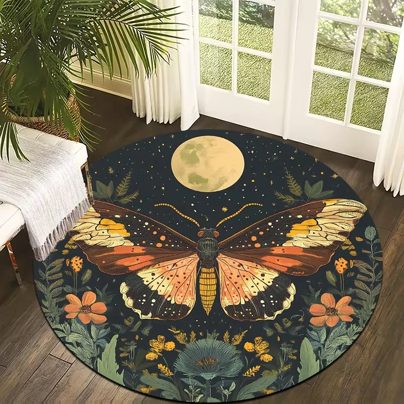 Moonlit Moth Botanical Round Rug Celestial Starry Night Circular Floor Mat Mystical Wildflower Print Non Slip Carpet