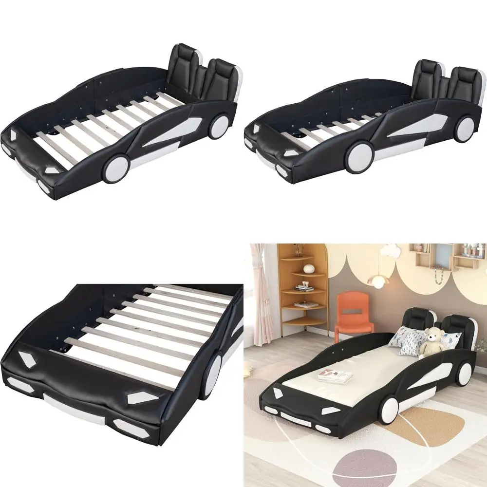 

Twin Size Car-Themed Platform Bed with Wheels, Leather-Like Upholstered, Suitable for Boys and Girls, No Box Spring Needed (Blac