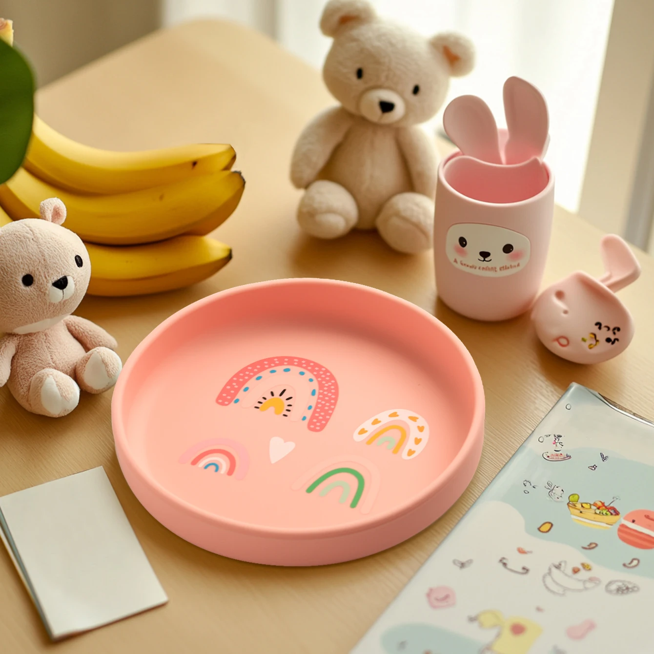 1PCS Silicone Baby Dishes Plate Rainbow Cat Dinosaur Pattern Tableware Baby Dishes Feeding Plate Eating Training Tableware