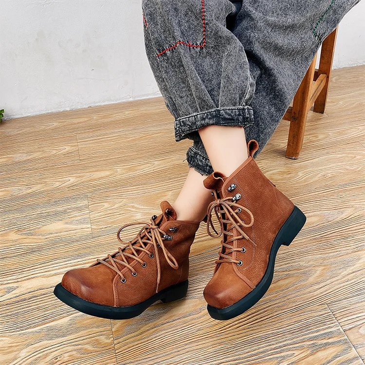 

Careaymade-Handmade 100% Genuine leather short boots New Cowhide Solid Front Lace up Low rise Women's Casual Boots