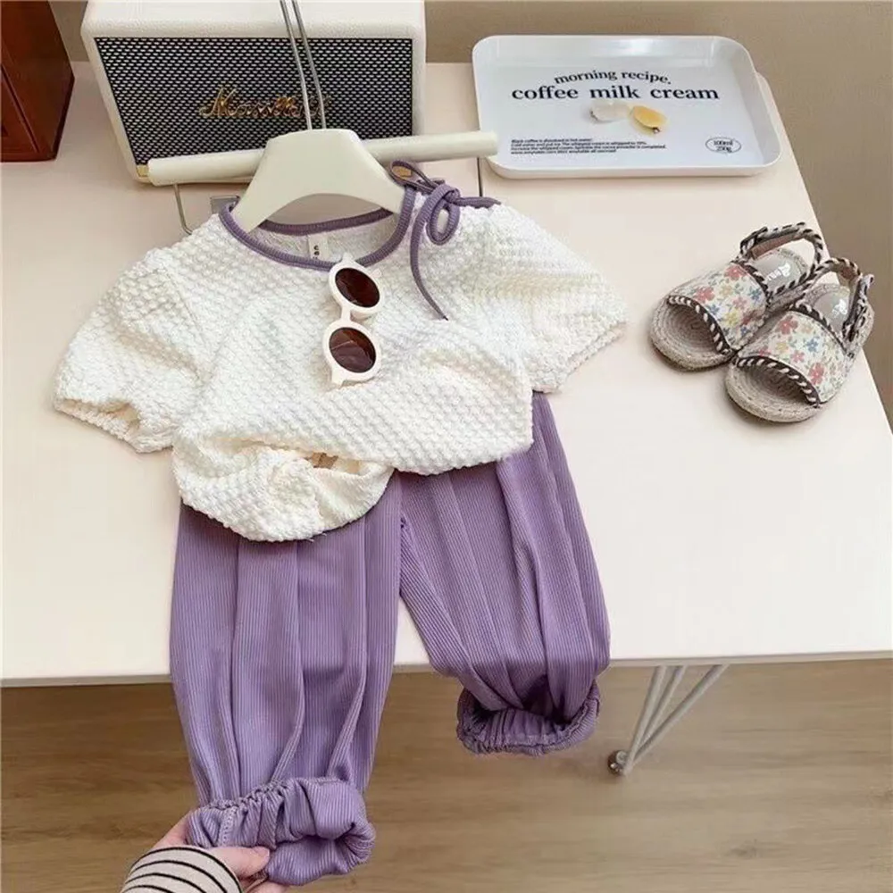 Girls Clothing Sets Summer Short Sleeves T-shirts and Pants Solid Color Jacquard Weave Kids Clothes Casual Costumes