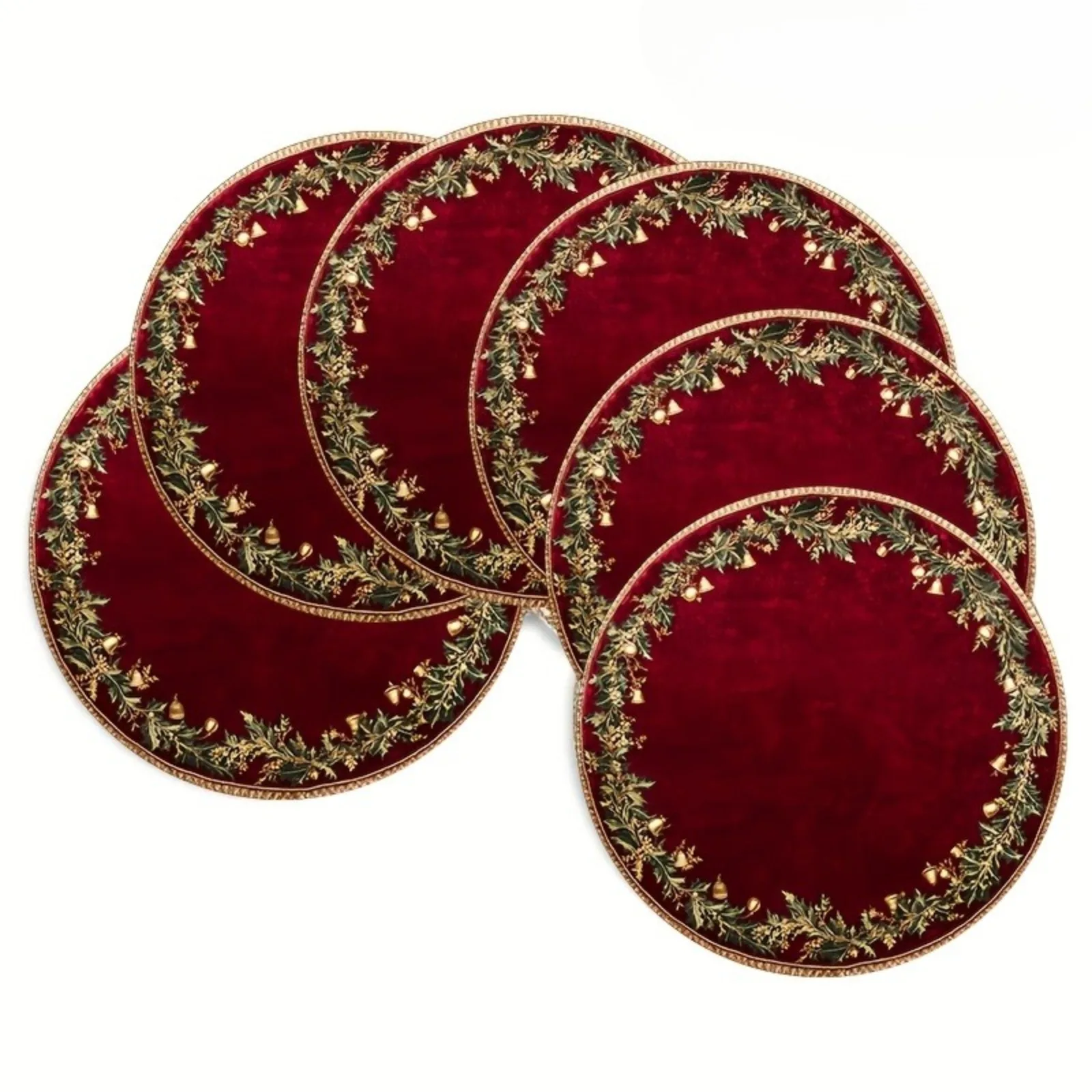 Christmas Placemats Set of 6, Round Table Place Mats 15 Inch Burgundy Gold Leaf Design, Festive Dining Decor for Christmas Party