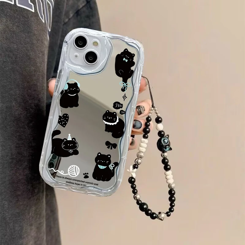 Чехол для телефона с цепочкой Cute Black Cat для OPPO A60 A38 A18 A17 A16 A15 A35 A54 A55 A78 A58 A16S A31 A33 A3 A5 Pro A52 A3X Soft Cover