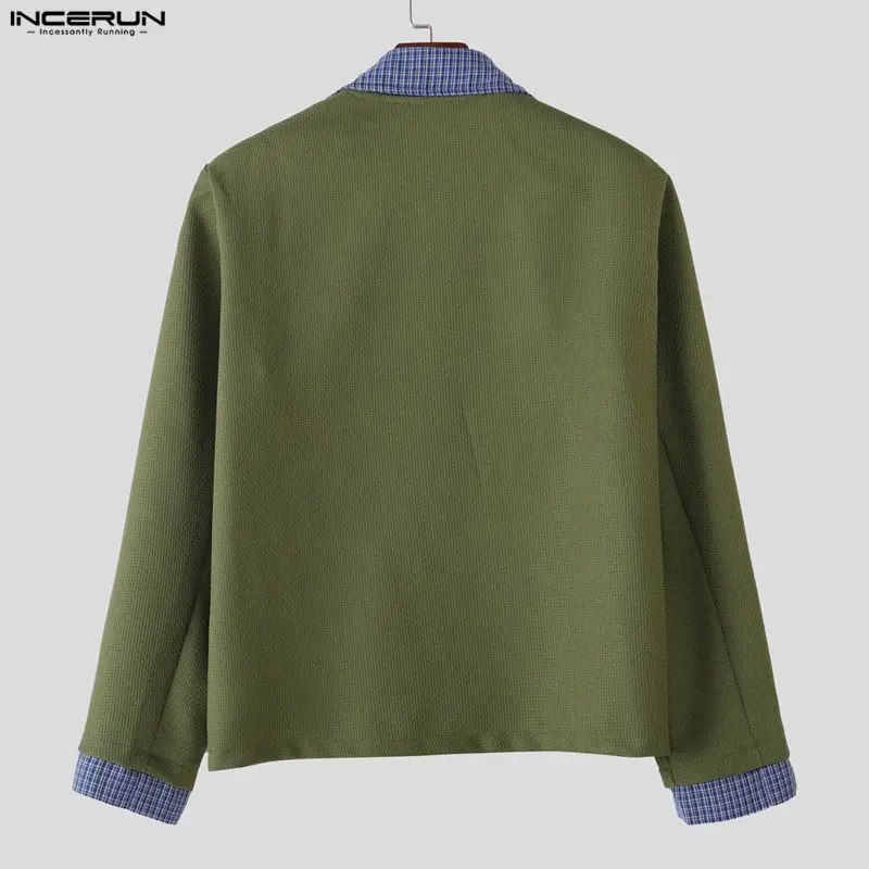 INCERUN 男性ジャケットパッチワークラペル長袖ボタンカジュアルコート男性ストリート 2025 韓国スタイルファッション男性ジャケット S-5XL