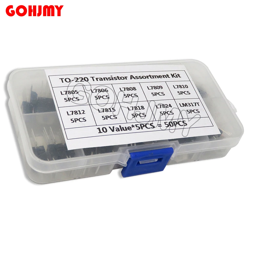 50PCS=10value*5PCS Transistor Assortment Kit L7805 L7806 L7808 L7809 L7810 L7812 L7815 L7818 L7824 LM317T  Voltage Regulator Box