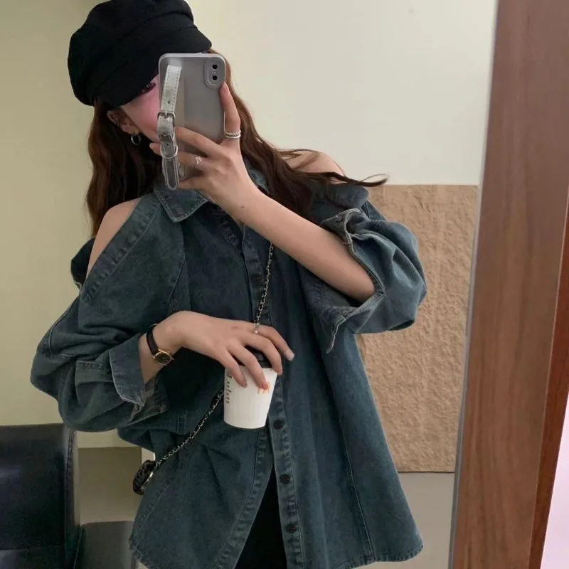 Korean Vintage Sexy Denim Tops Streetwear Chic Coat Women Y2k Loose Hollow Out Long Sleeve Off Shoulder Jackets Outerwear