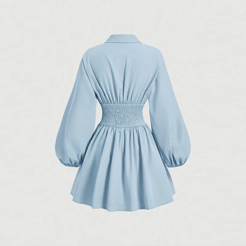 فستان نسائي قصير عصري بلون سادة، خصر عالي، أكمام منتفخة، تنورة منفوشة، مزاج أنيق لمظهر كاجوال أنيق