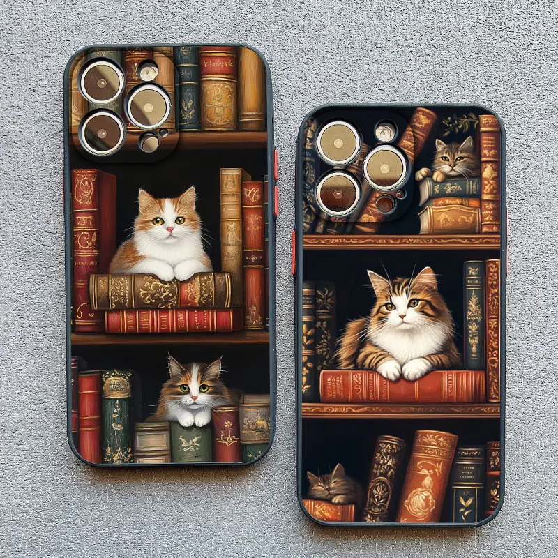

Vintage Bookcase Kitten Painted Phone Case For iPhone 16 15 14 Pro Max Plus 13 Mini 12 11 Pro Max XS X XR 7 8 Plus SE Back Cover