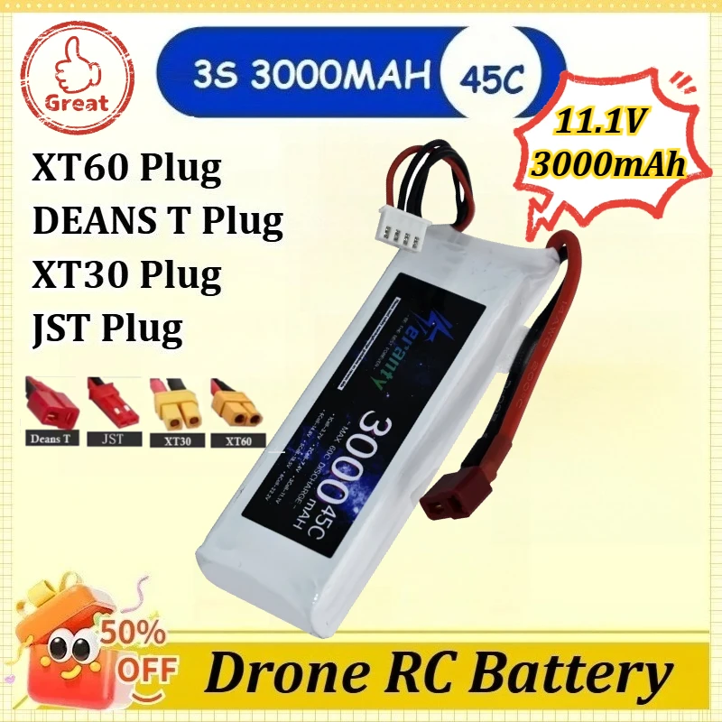 

New 3S 11.1V 3000mAh 45C Lipo Battery for Drone RC FPV Airplane Boat Helicopter with XT60 DEANS T Plug XT30 JST Plug Connector