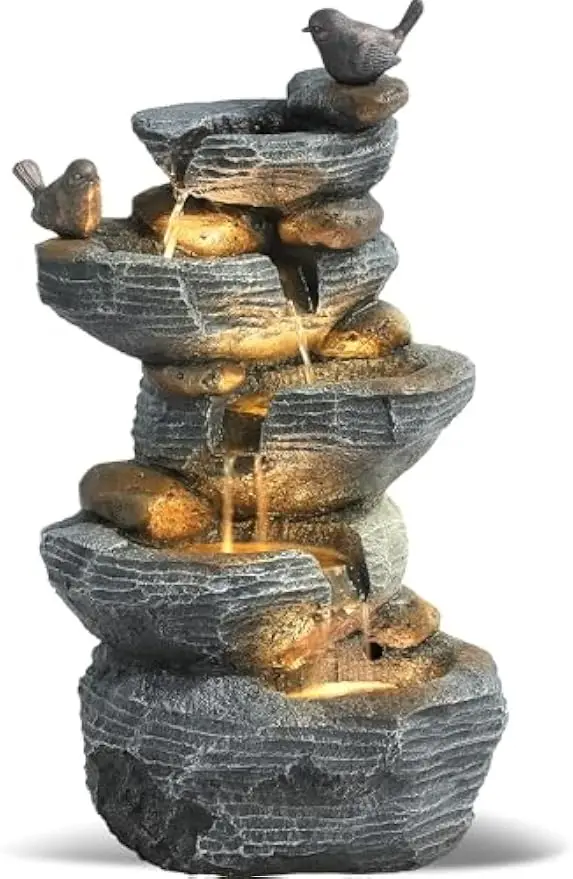 Cascading Stone Fountain With Lights Outdoor Garden Waterfall