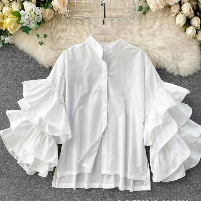 Women White Shirts Solid Full Ruffles Sleeve Turn-down Collar Single Breasted Loose Shirts Office Lady Streetwear Summer Tops