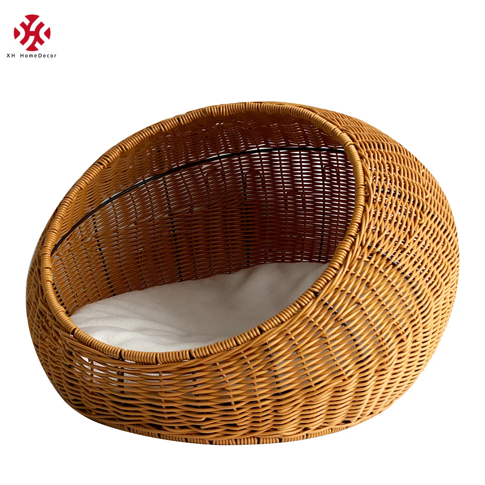 

XH Summer Cooling Breathable Oval PP Rattan Resin Wicker Handwoven Dog Cat Beds House Net Kitten Furniture Pet Basket & Pet Cage