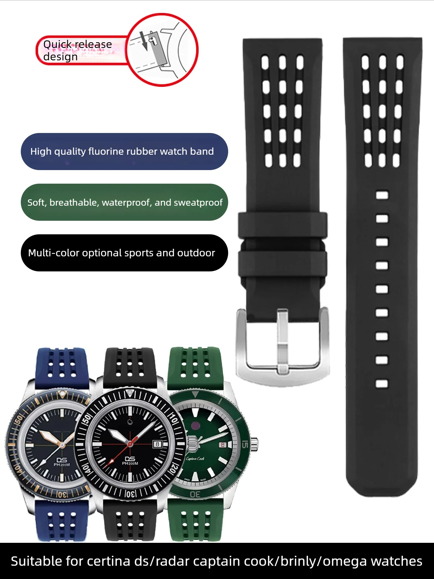 Fluorororubber Watch Strap for Radar Captain Cook Omega Seamaster Certina DS Breathable Waterproof Watch Chain