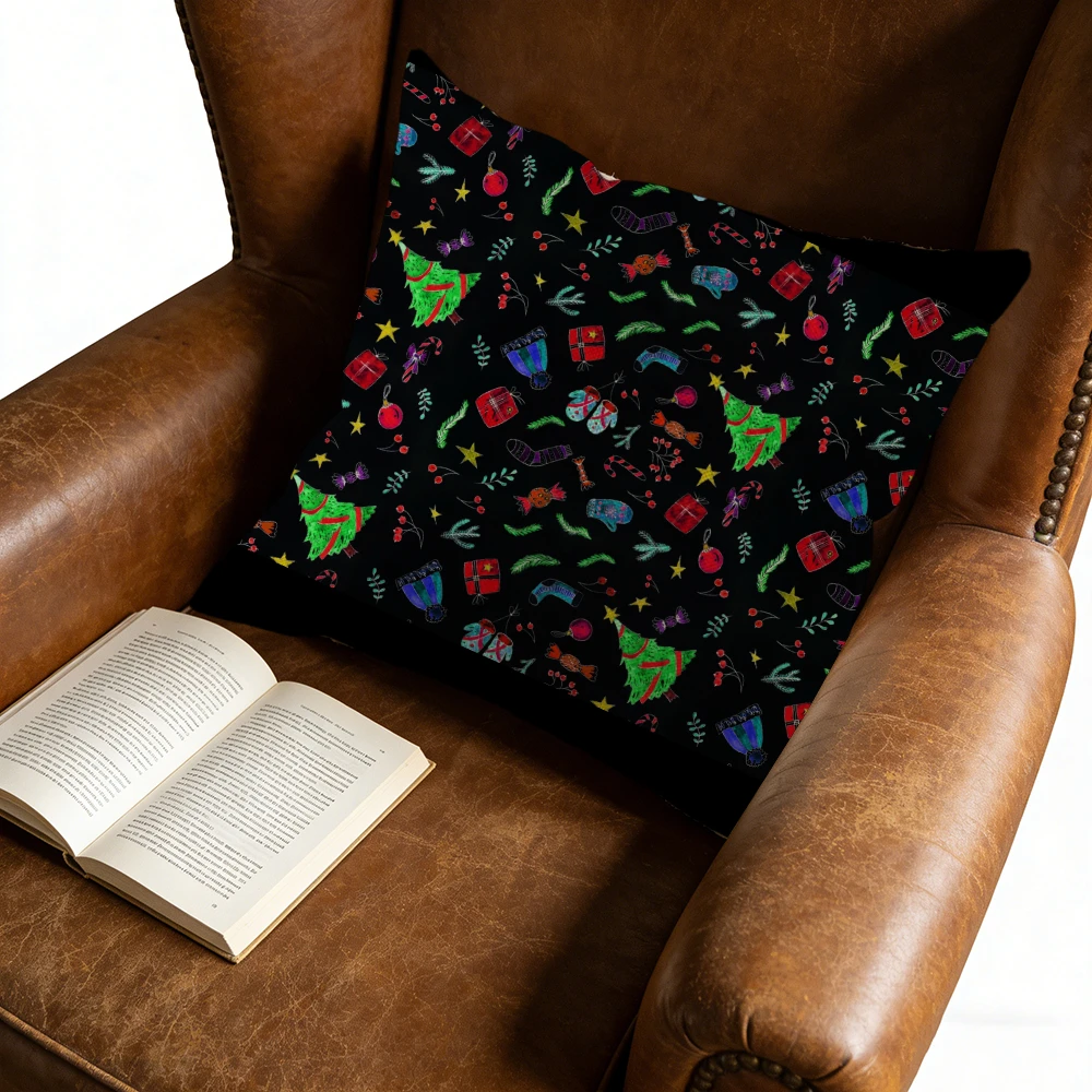 1pc Festive Style Cushion Cover Black Christmas Pattern Pillowcase For Sofa Bed Decorative Throw Case 45x45cm