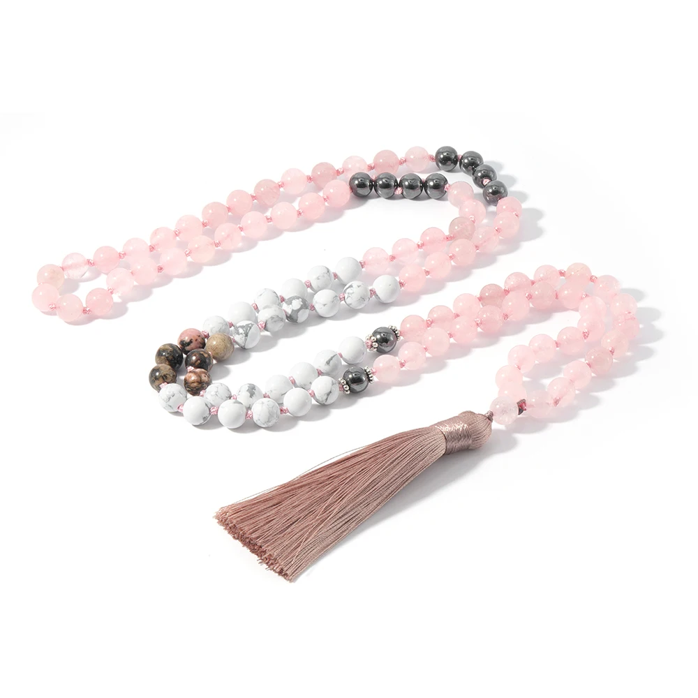 

OAIITE Classic Rose Quartz Necklace 108 Mala Beads Natural Black Gallstone Reiki Buddhist jewelry Handmade gift for Men Women