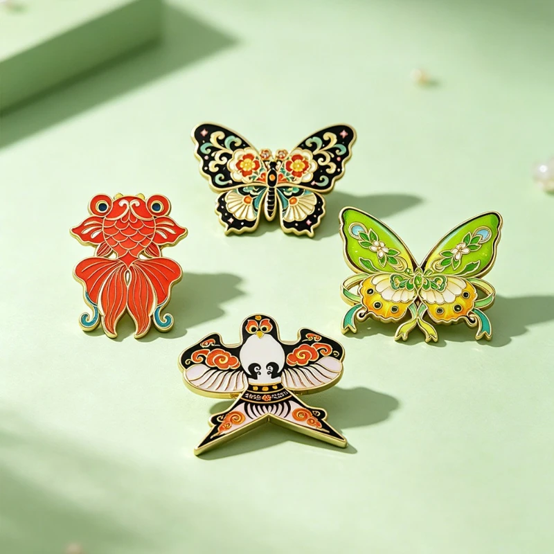 Chinese Traditional Kite Brooch Goldfish Swallow Butterfly Phoenix Enamel Drop Oil Badge Gift Pin Decorative DIY Clothing Bags