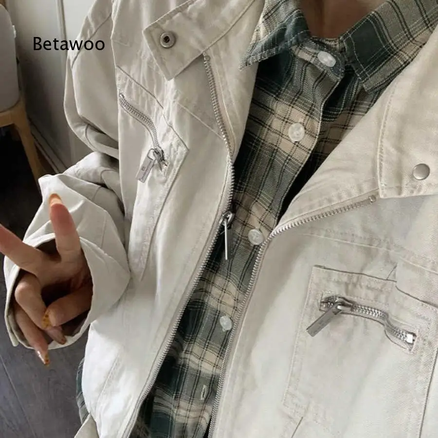 Men Women Vintage Stand Collar Multi Pocket Cargo Jacket Zip Up Washed Canvas Loose Couple Outerwear for Street Daily Wear