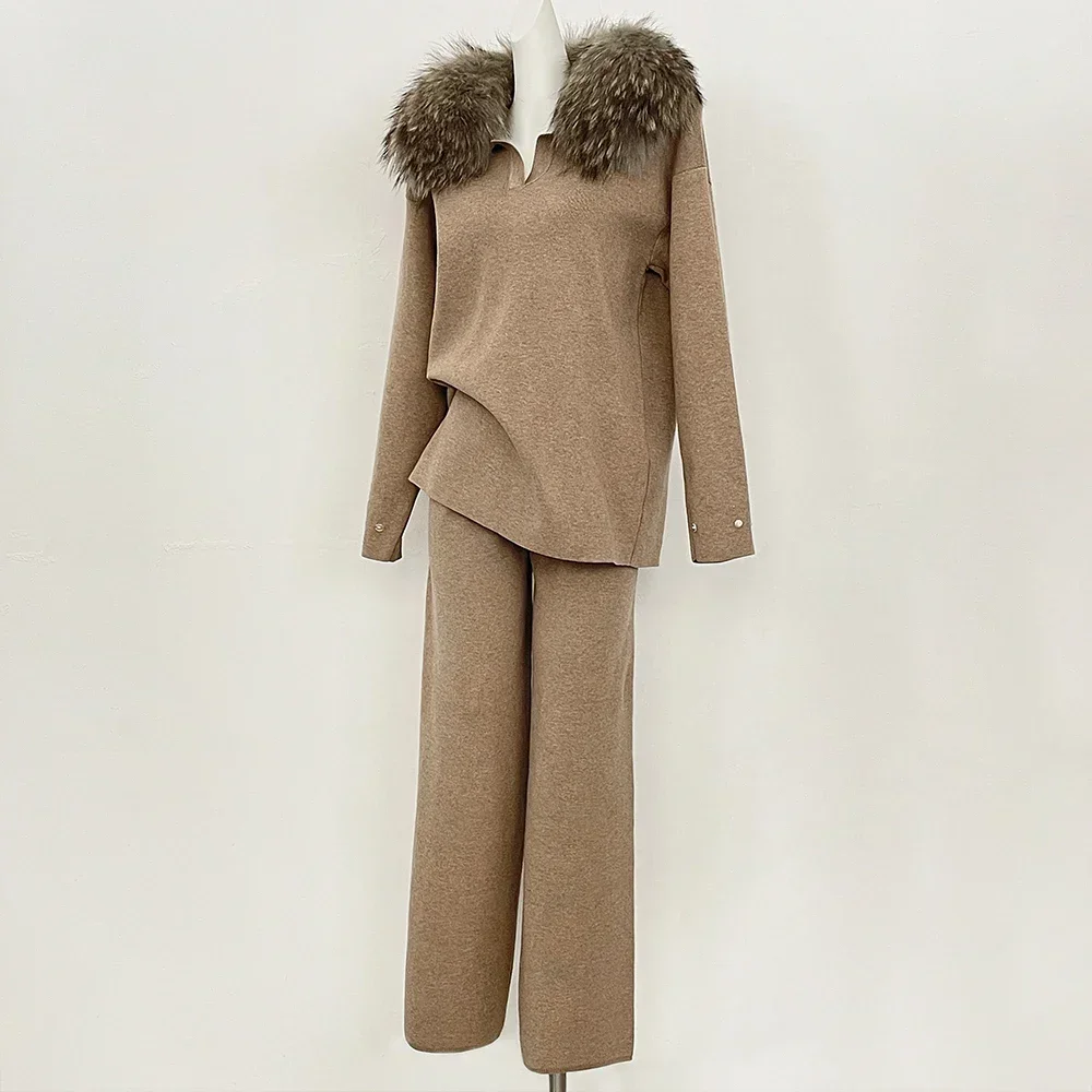 

Female Real Fox Fur Collar Real Fur Pullover Warm Lady Sweater Knitwear Knitted Set New Spring Autumn Knitted Suit Clothes Woman