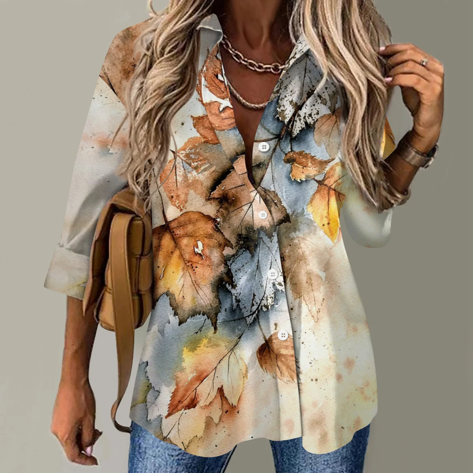 Autumn Women's Creative Button Up Cardigan With Plant Pattern Lapel Long Sleeved Shirt Factory Direct SalesWG18