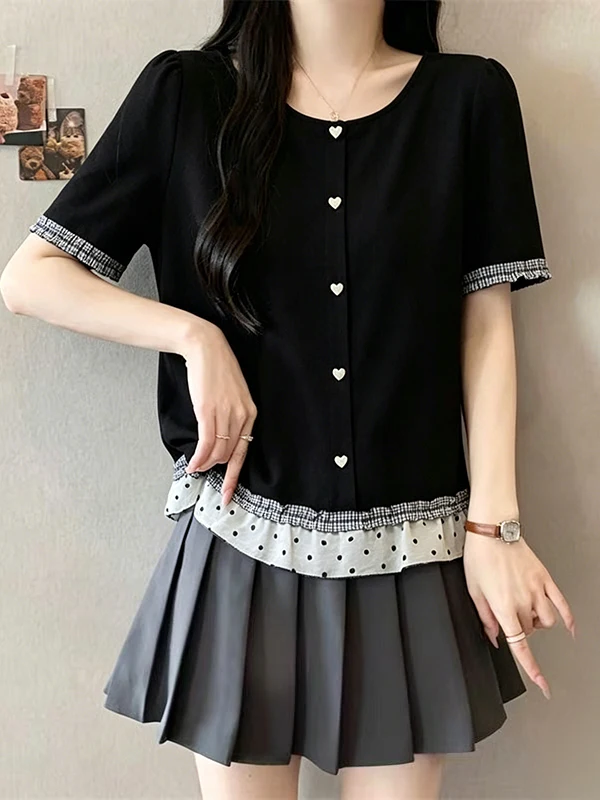 Summer Polka Dot Short Sleeve T-Shirt Women's Short Style Base Layer Top High Waist round Neck Button Detail Korean Version