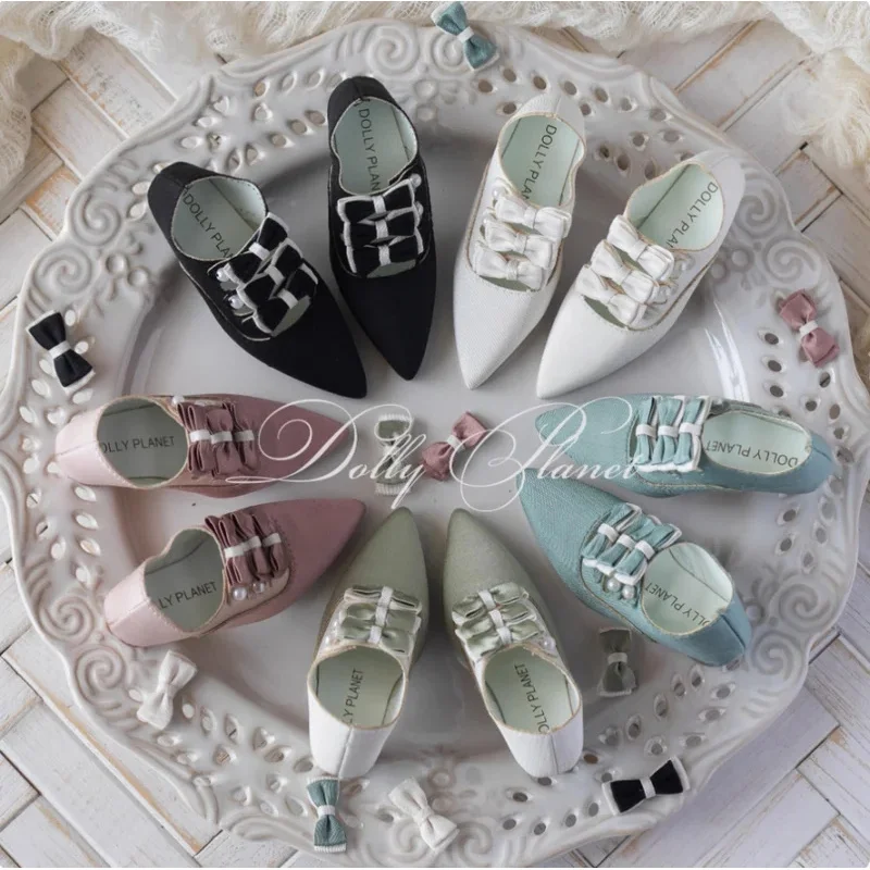 

BJD Doll shoes fit into 1/3 1/4 size pointy retro bow low heel silk girl shoe doll accessories