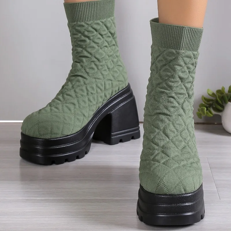 Bottes de rinçage à talons hauts à l'offre elles optiques pour femmes, chaussures en coton, Parker rond, document solide, décontracté, à la mode, automne, hiver, nouveau