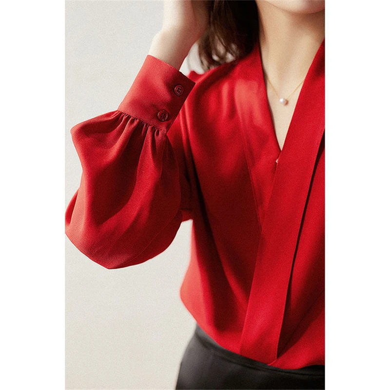 Womens Clothing Red Chic Tops Business Casual Office Lady Blouse Spring Autumn Fashion V Neck Long Sleeve Shirt Blusas Elegantes