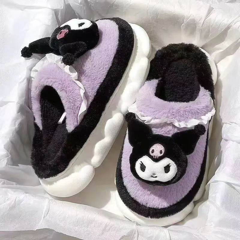 Hairy cartoon slippers for women in winter, plush anti slip cotton slippers for girls, flat shoes