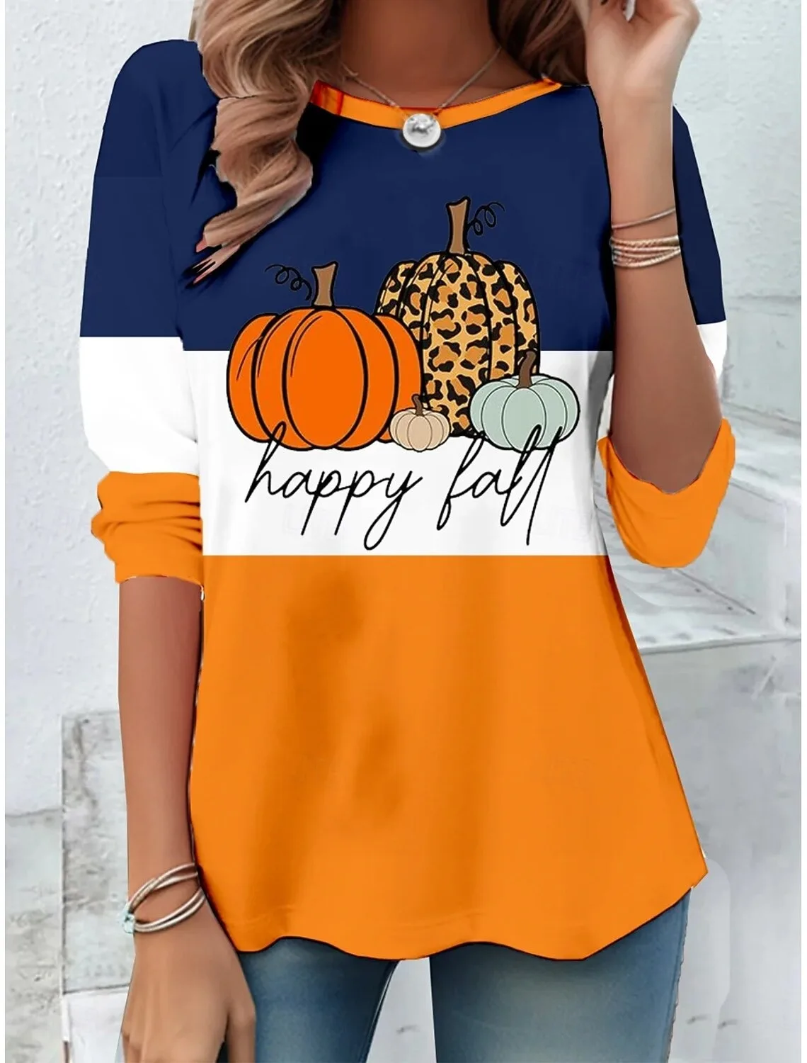 

Halloween Women's T Shirt Pumpkin Graphic Vintage Stylish Classic Yellow Orange Printed long Sleeve Crew Neck Regular Daily Tops