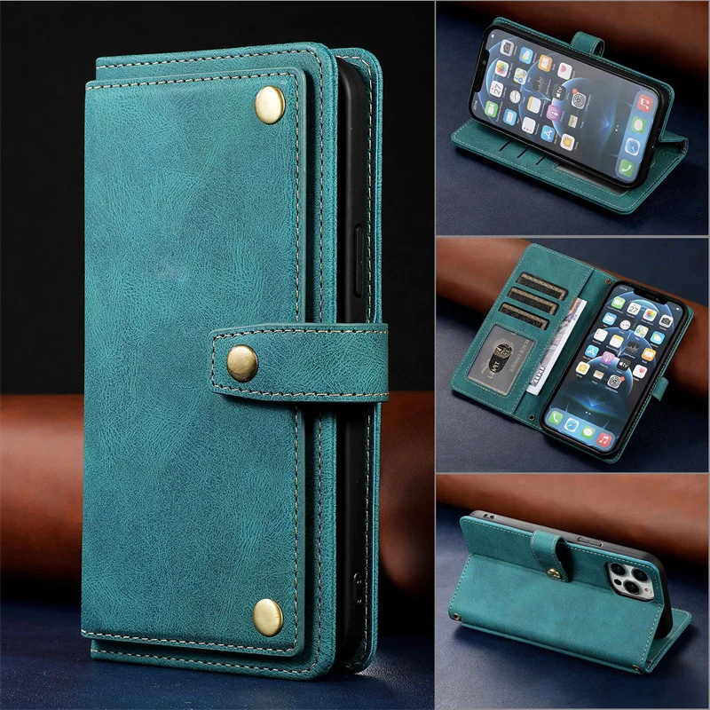 

Case For iPhone 15 14 Pro Max Wallet Case 7 Card Slots Retro Leather For iPhone 15 13 SE 2022 12 14 8 Shoulder Strap Phone Cover