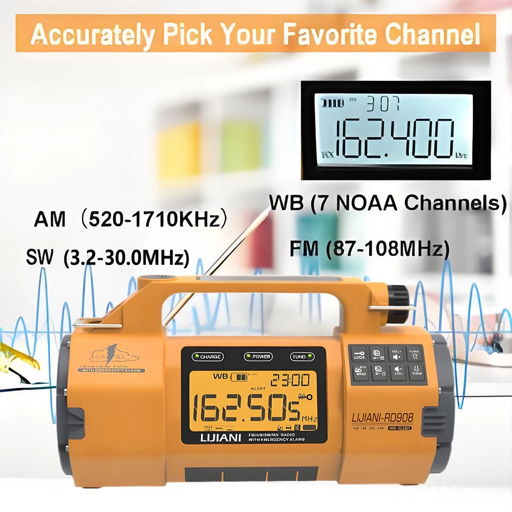 다기능 비상 라디오 5000mAh AM FM NOAA 날씨 라디오 솔라 핸드 크랭크 라디오 보조베터리 손전등 SOS 알람