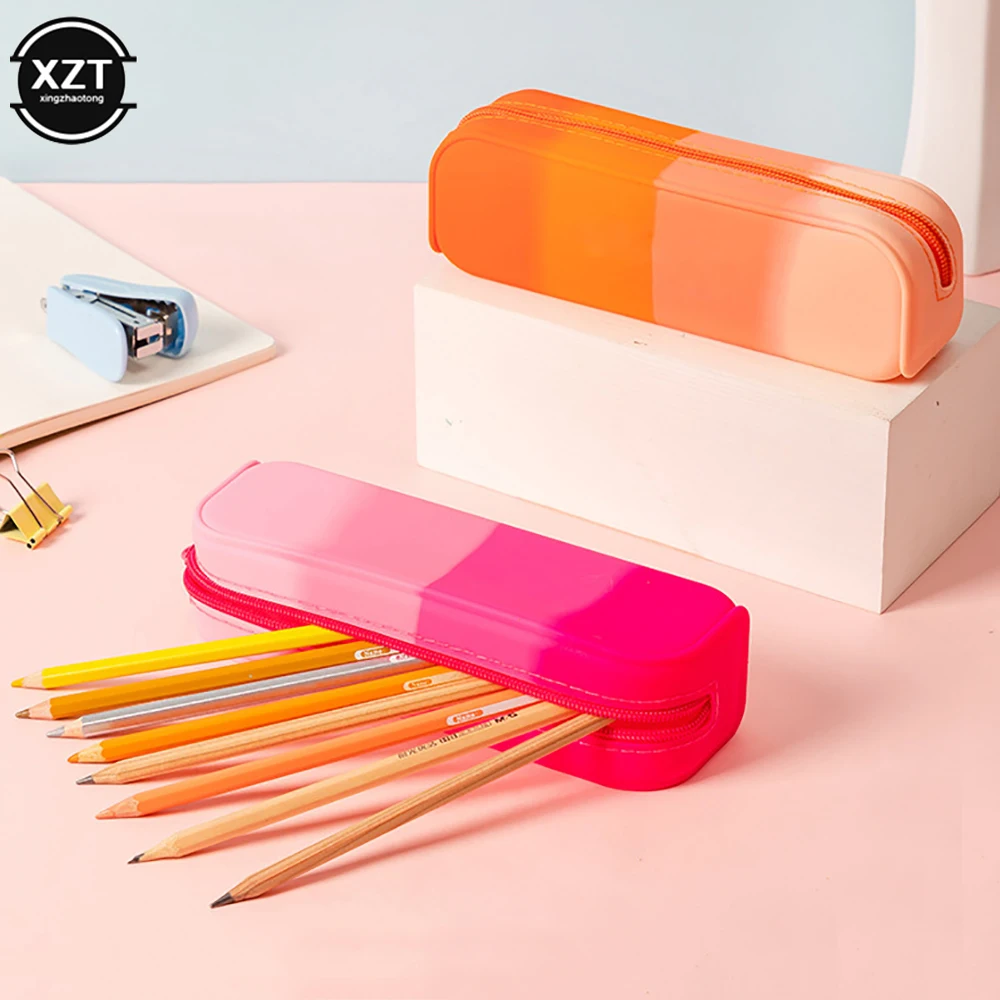 1Pcs Creative Gradient Color Pencil Case Silicone Waterproof Pen Bag Kawaii Large Capacity Storage Box School Office Supplies