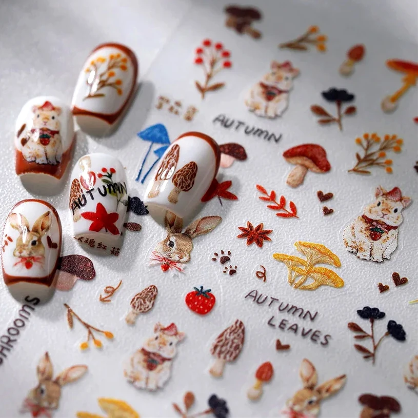 Autumn Fall Cute Rabbit Mushroom Strawberry Fungi Heart Footprint Ginkgo Biloba Animal Adhesive Nail Art Sticker Manicure Decals