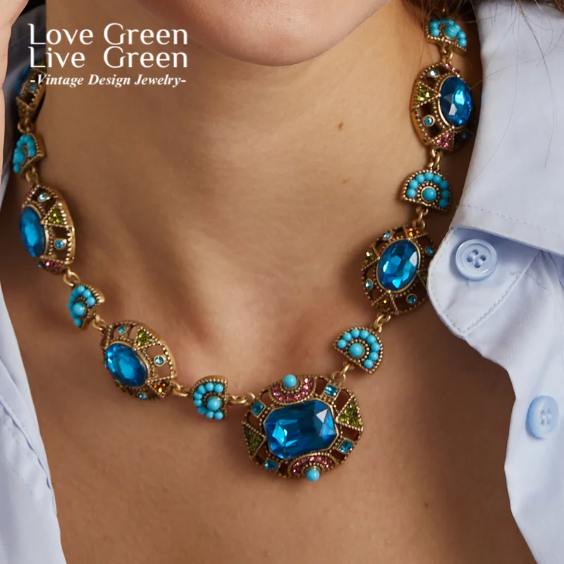 Sea Blue Crystal Statement Necklace with Gold Rhinestones